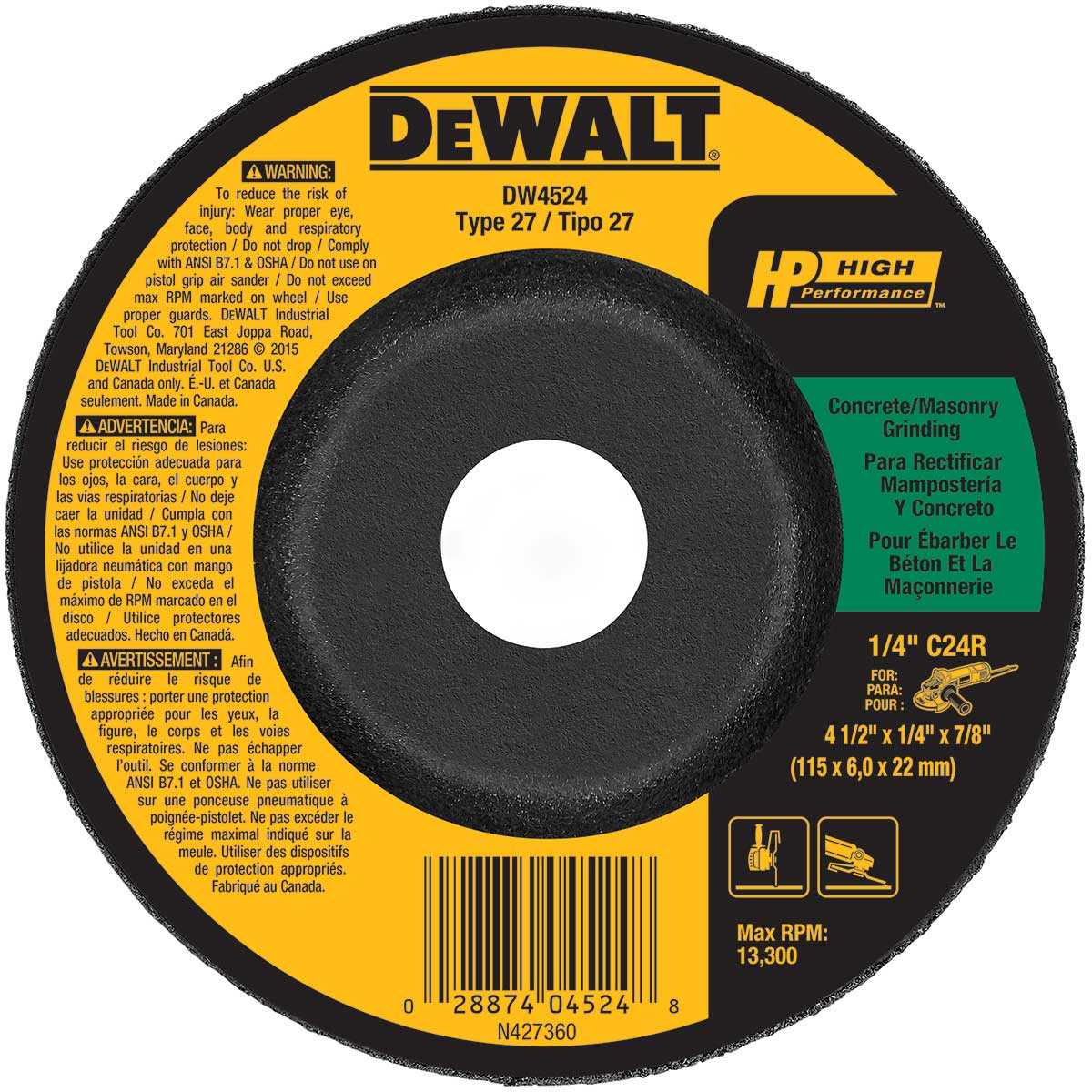 Dewalt, DEWALT 4-1/2 x 7/8 In. HP Type 27 Masonry Grinding Wheel