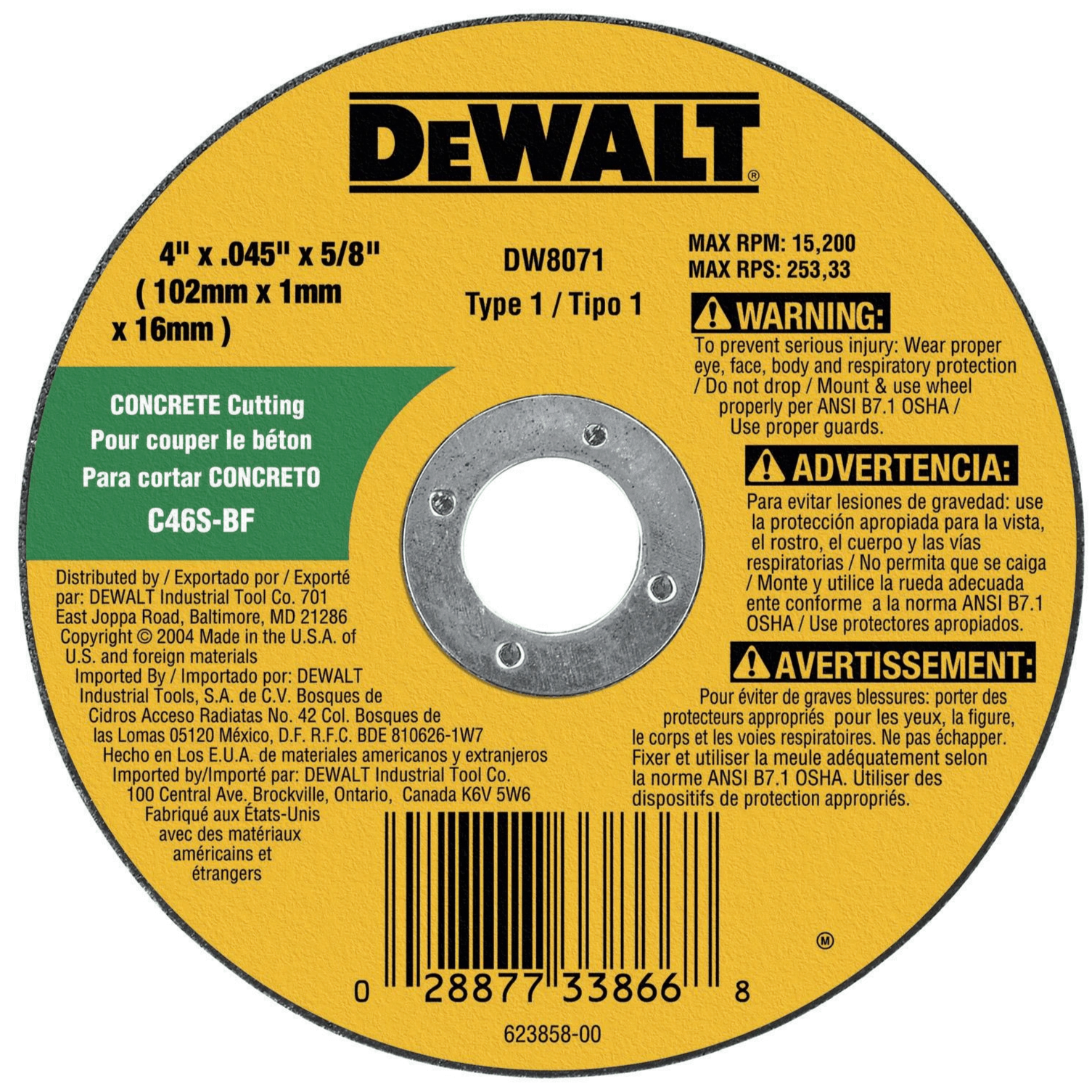 Dewalt, DeWalt DW8071 Concrete Masonry CuttIng Wheel 4" x .045 x 5/8"